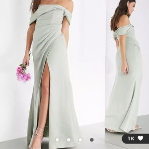 NWOT ASOS EDITION satin bardot drape wrap maxi dress in sage green. Sz 4
